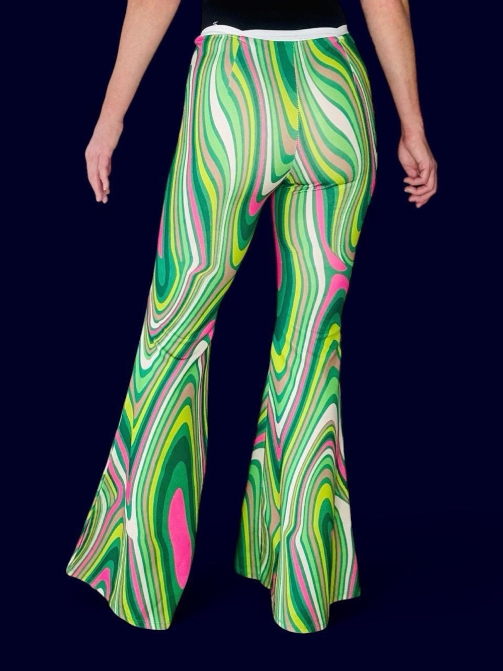 Retro Pink Green Psychedelic Printed Hippie Festival High Rise Flare Pants - Picture 6 of 9